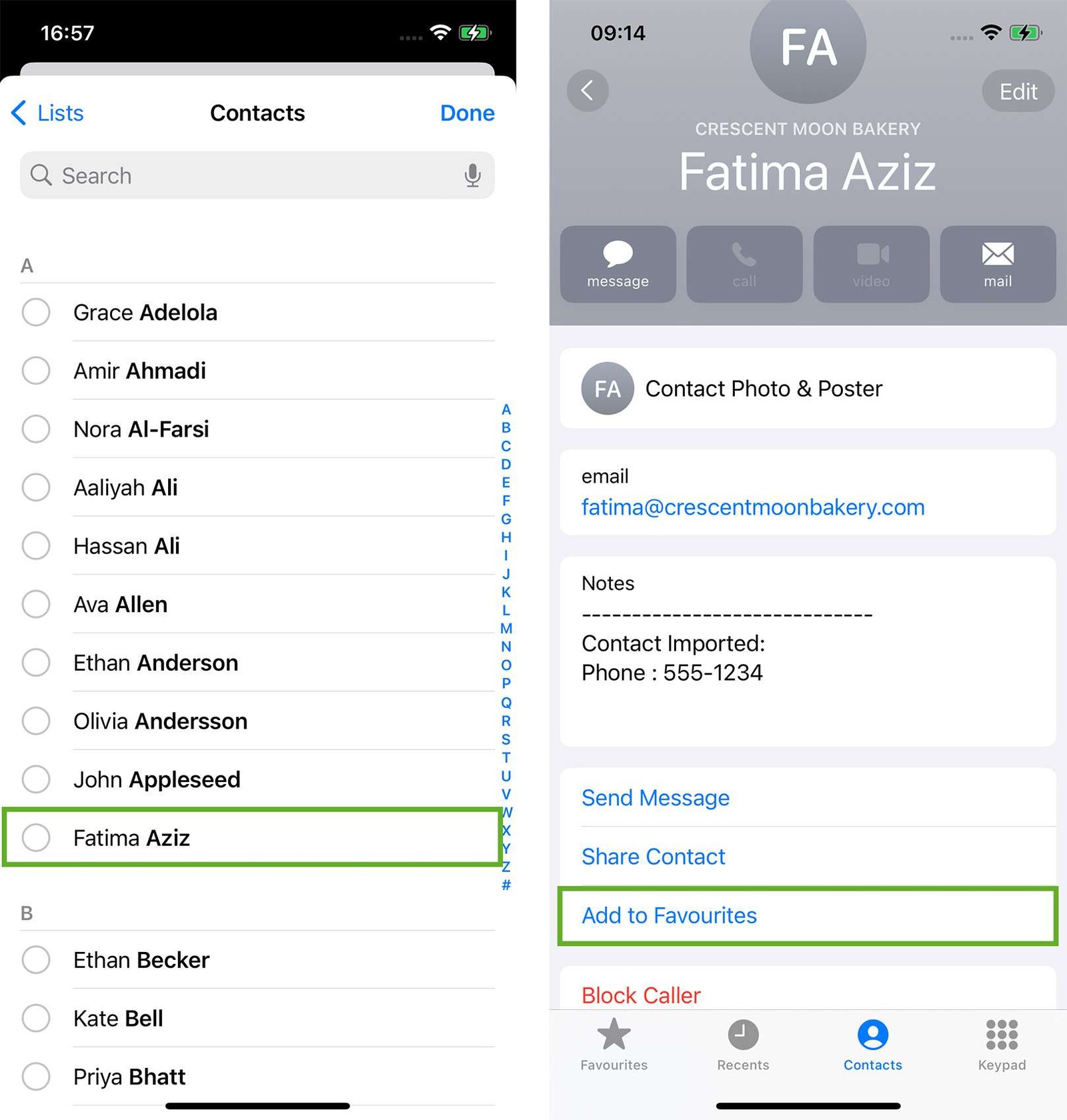 Setting contacts as favourites on iPhone.