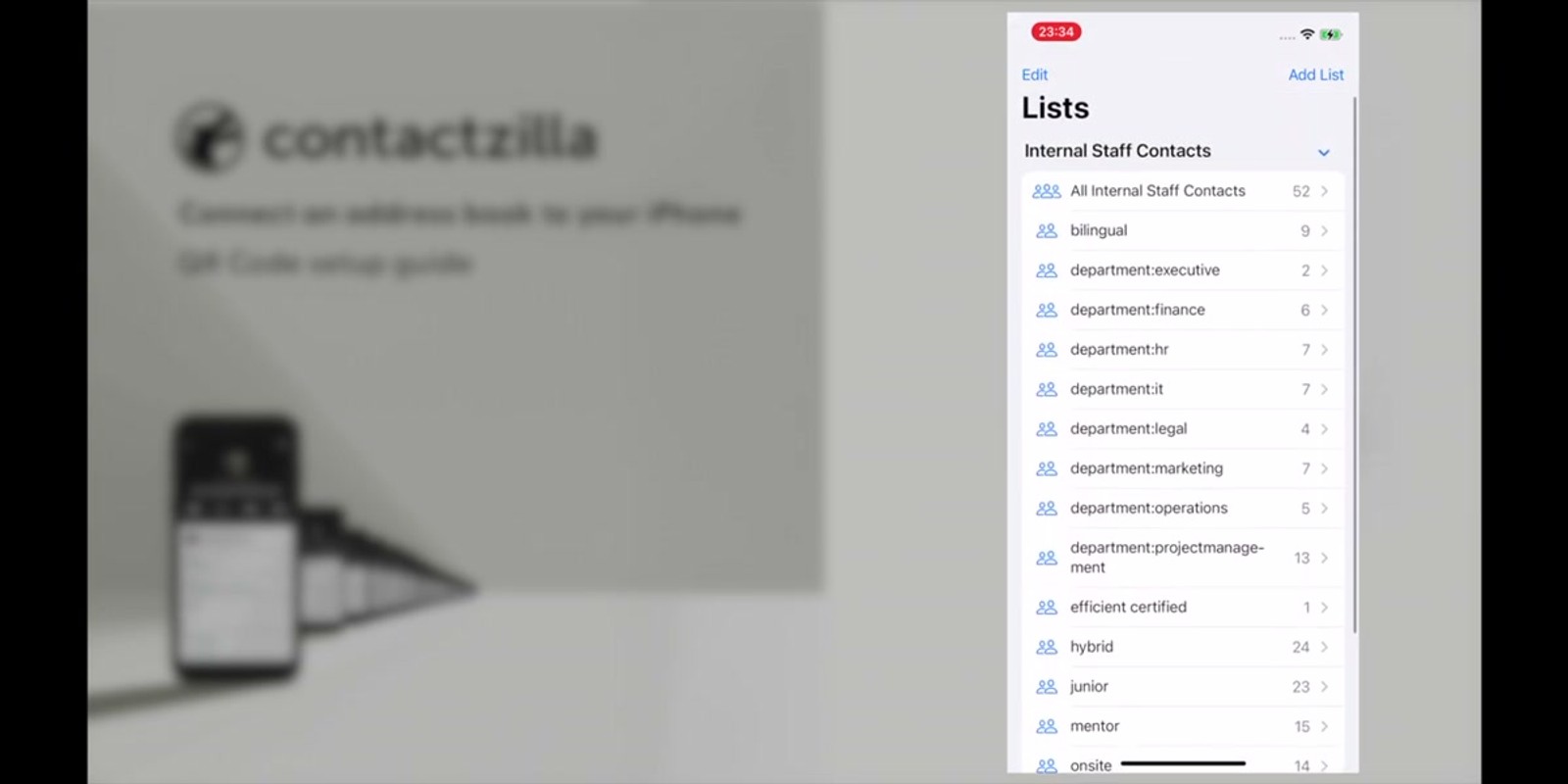 iPhone Contacts app showing synced Contactzilla contacts organized into lists