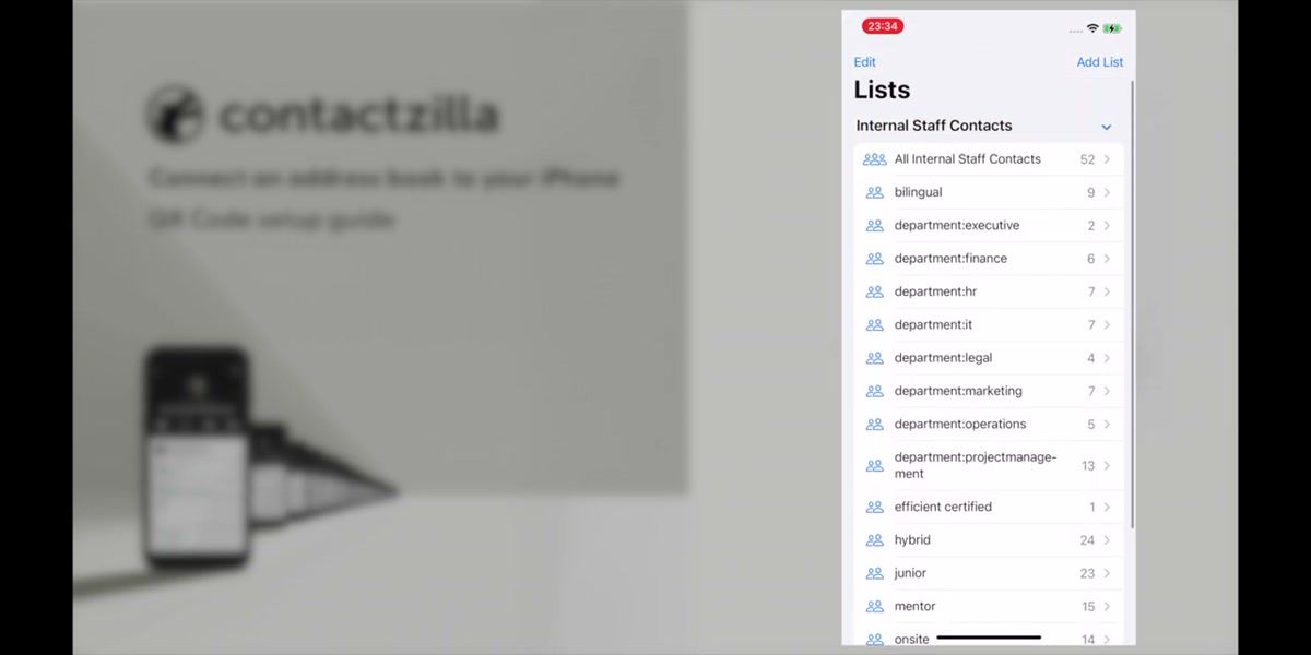 iPhone Contacts app showing synced Contactzilla contacts organized into lists