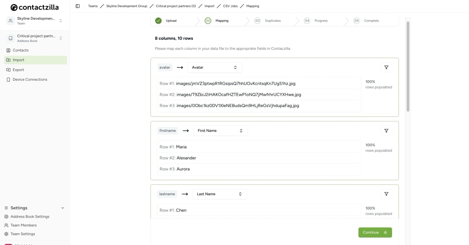 Contactzilla CSV import mapping interface showing step-by-step field mapping process with avatar, first name, and last name column mappings