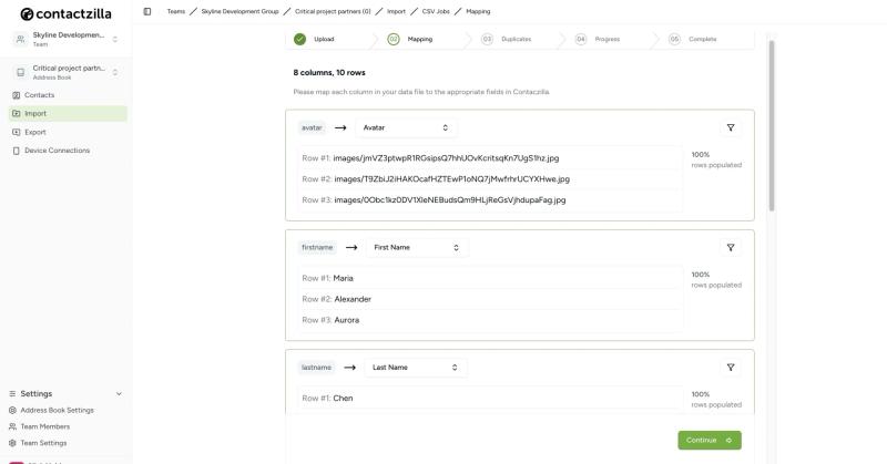Contactzilla CSV import mapping interface showing step-by-step field mapping process with avatar, first name, and last name column mappings