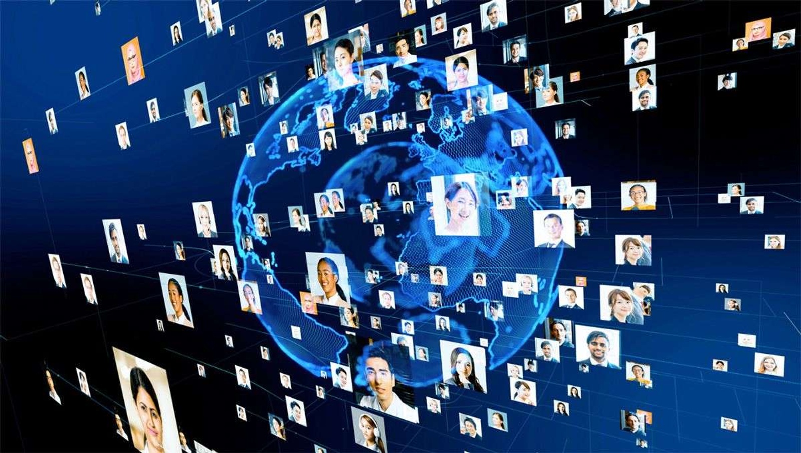 Diverse faces spread over a global graphic.