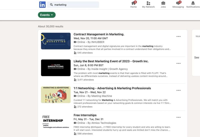 The search results after performing a Linkedin search for virtual events.
