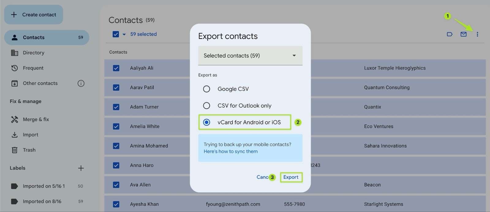 A screenshot of exporting your contacts as a vCard file from the Google Contacts interface.