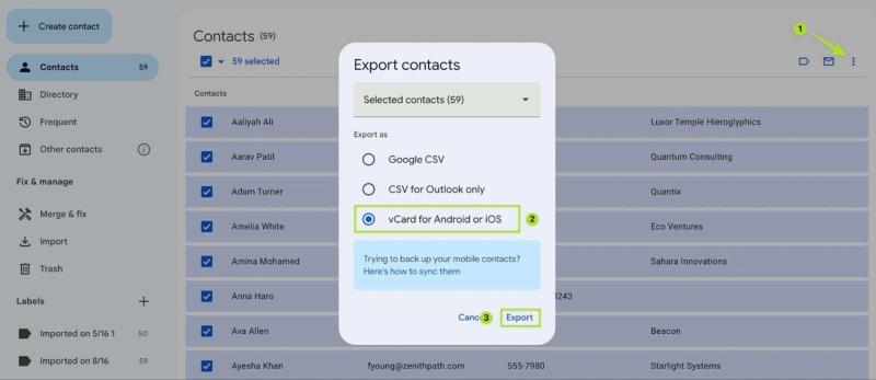 A screenshot of exporting your contacts as a vCard file from the Google Contacts interface.