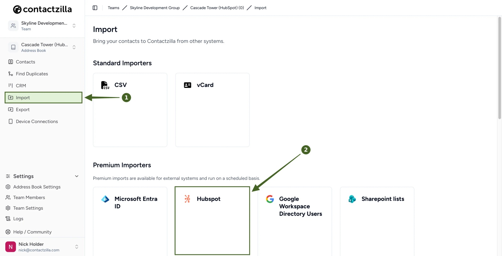 Contactzilla Import page with the Import menu item and the Hubspot premium importer highlighted