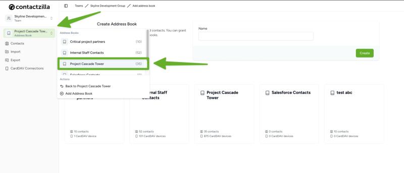 Contactzilla dashboard showing how to select an address book for iOS deployment.