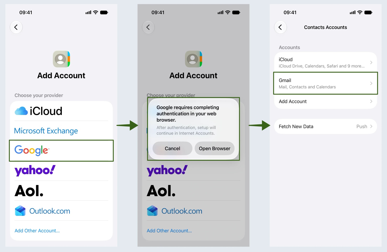 iPhone adding Google the supported way: Add Account with Google selected, the prompt to finish sign-in in the web browser, then Gmail listed in Contacts Accounts.