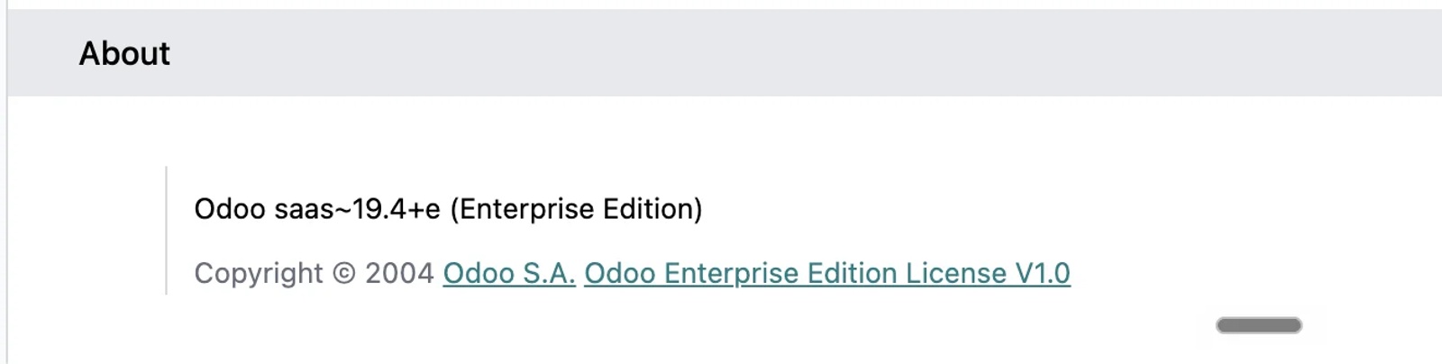 Odoo About screen showing the tested version, Odoo SaaS~19.4+e Enterprise Edition.
