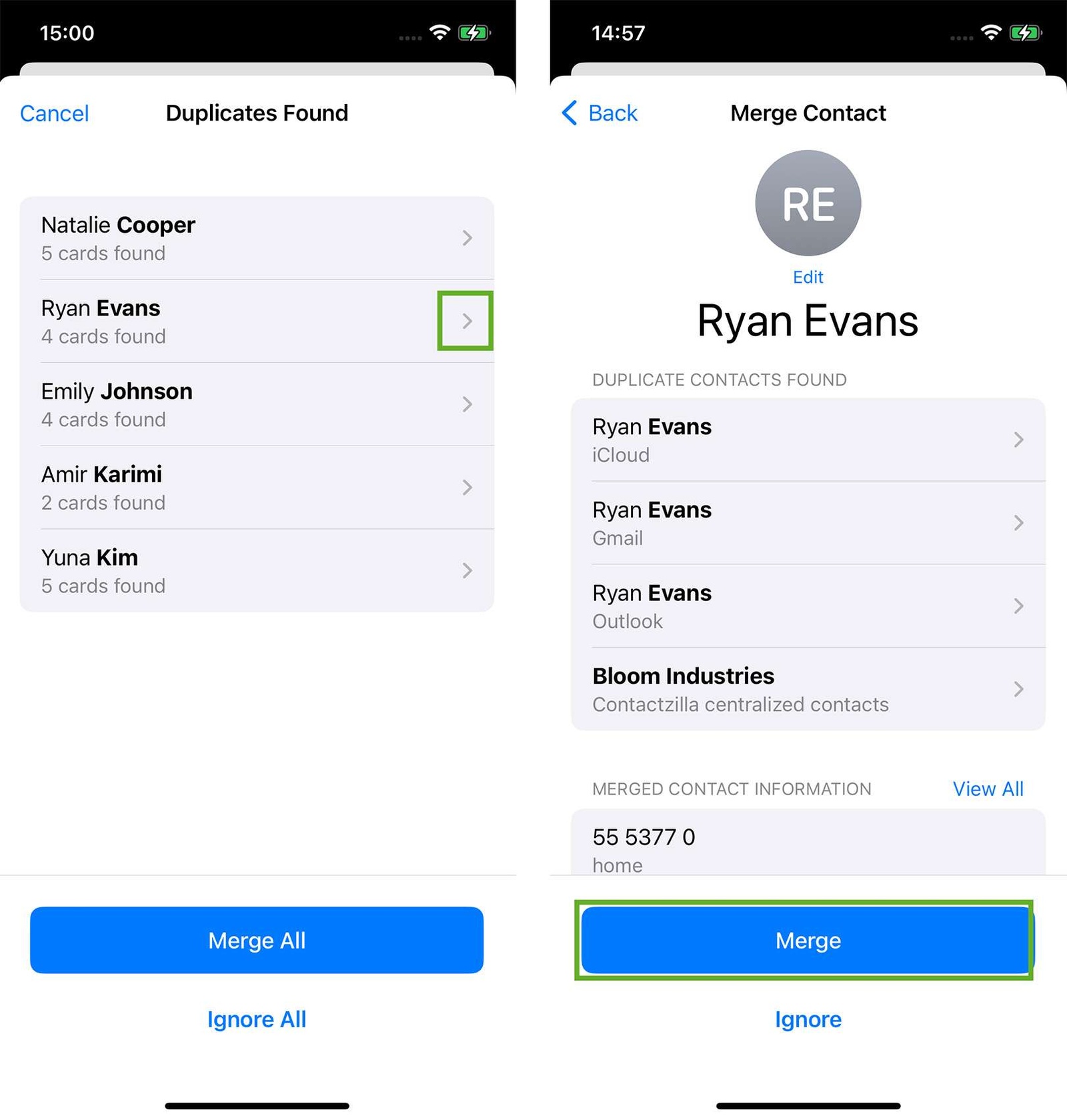 Selectively merging 1 contact at a time.