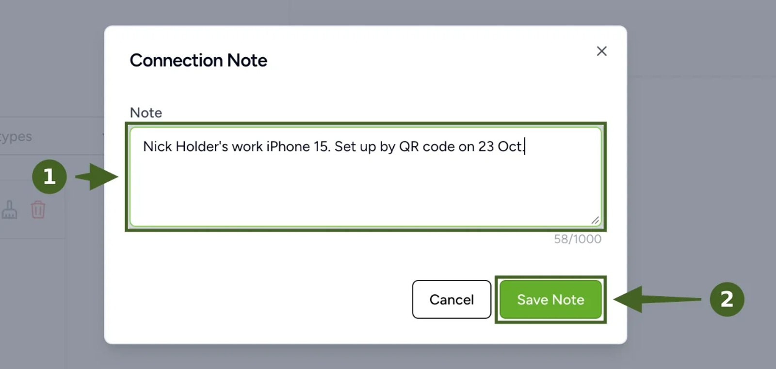 Contactzilla Connection Note window with an example note recording whose work iPhone the connection is for and when it was set up, and the Save Note button highlighted.