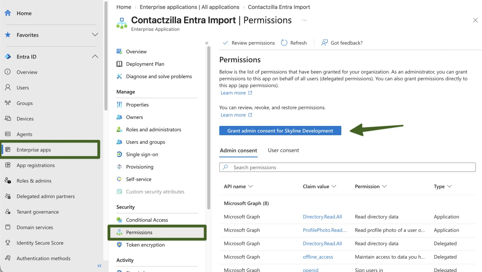 Entra's Enterprise Applications permissions screen for Contactzilla Entra Import, with Grant admin consent highlighted alongside the Microsoft Graph directory read permissions requested.