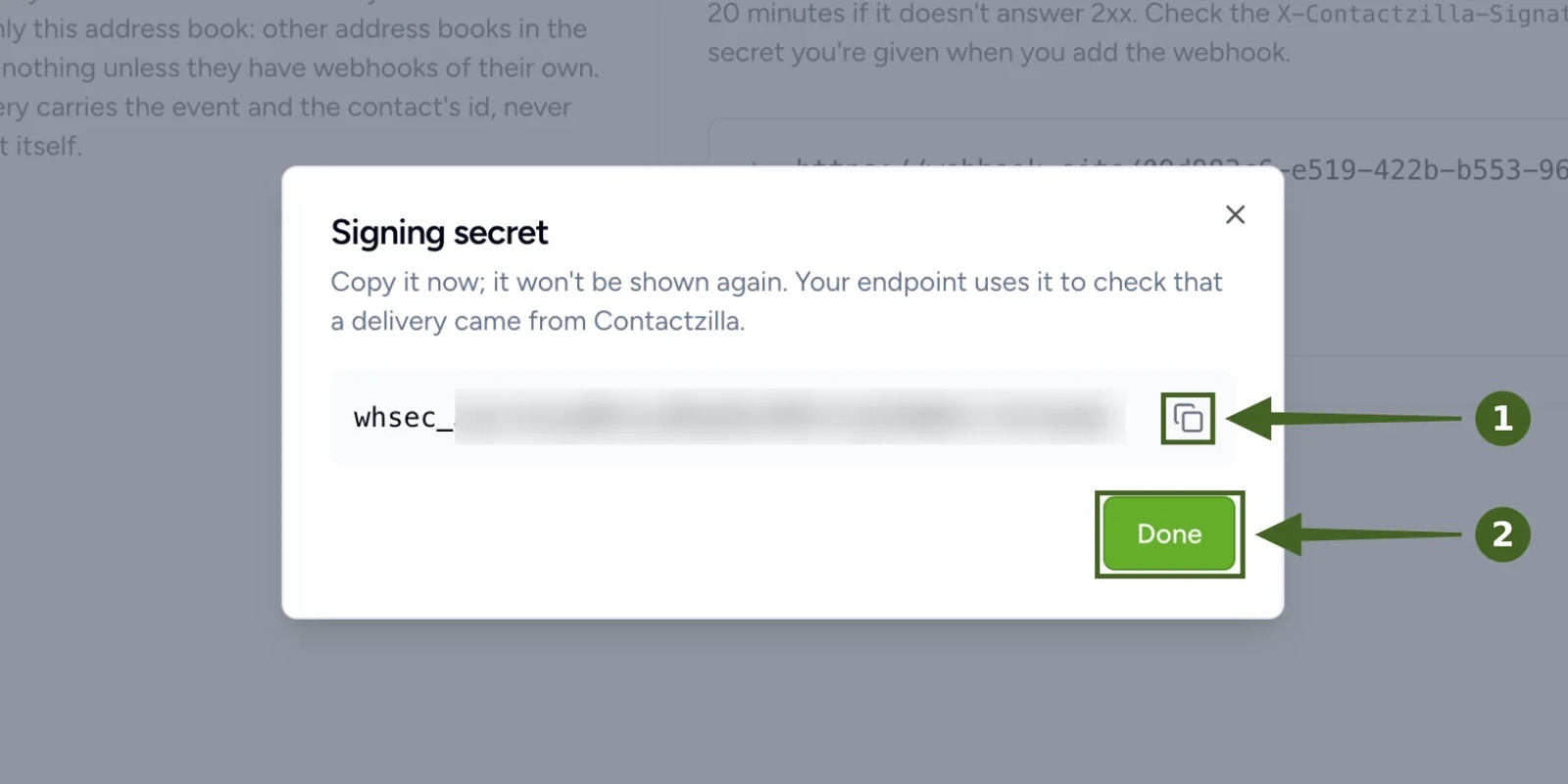 Contactzilla Signing secret dialog showing a whsec_ secret, blurred, with the copy icon and the Done button highlighted.