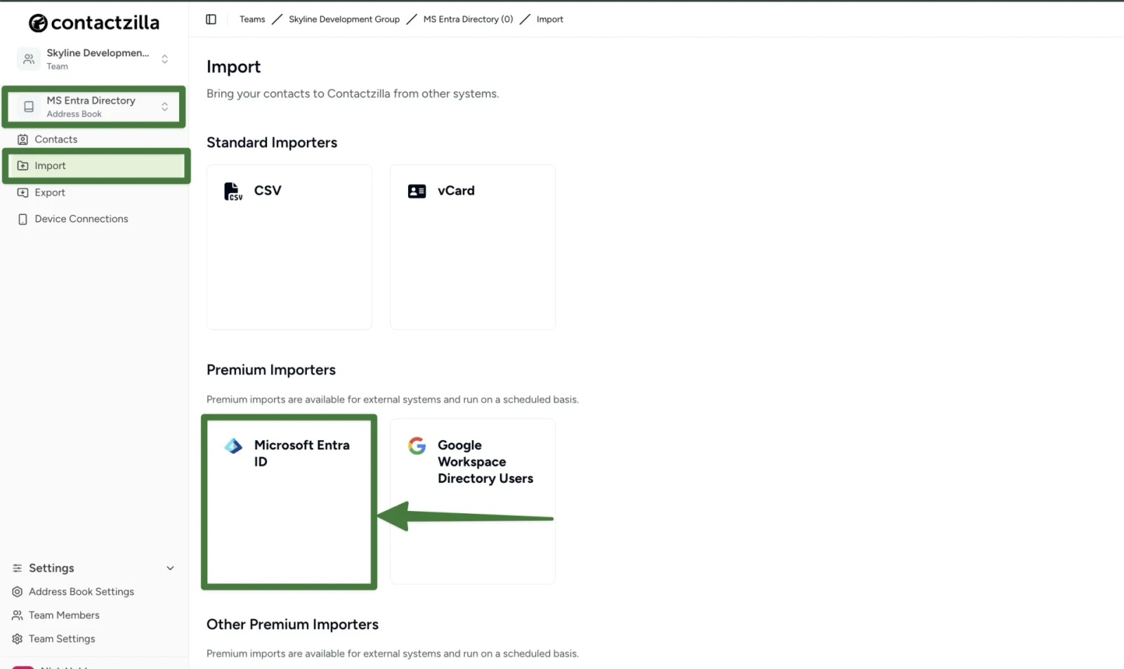 Select Microsoft Entra ID importer from the Contactzilla address book import screen