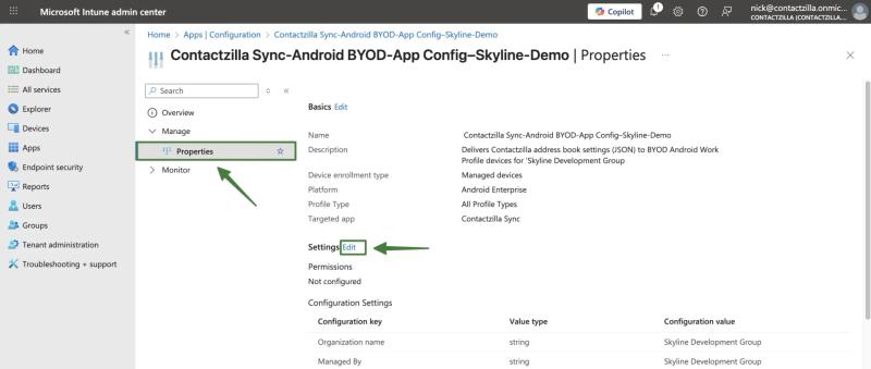 App configuration policy opened in Intune with ‘Properties’ highlighted and ‘Edit’ under Settings to modify Contactzilla JSON.