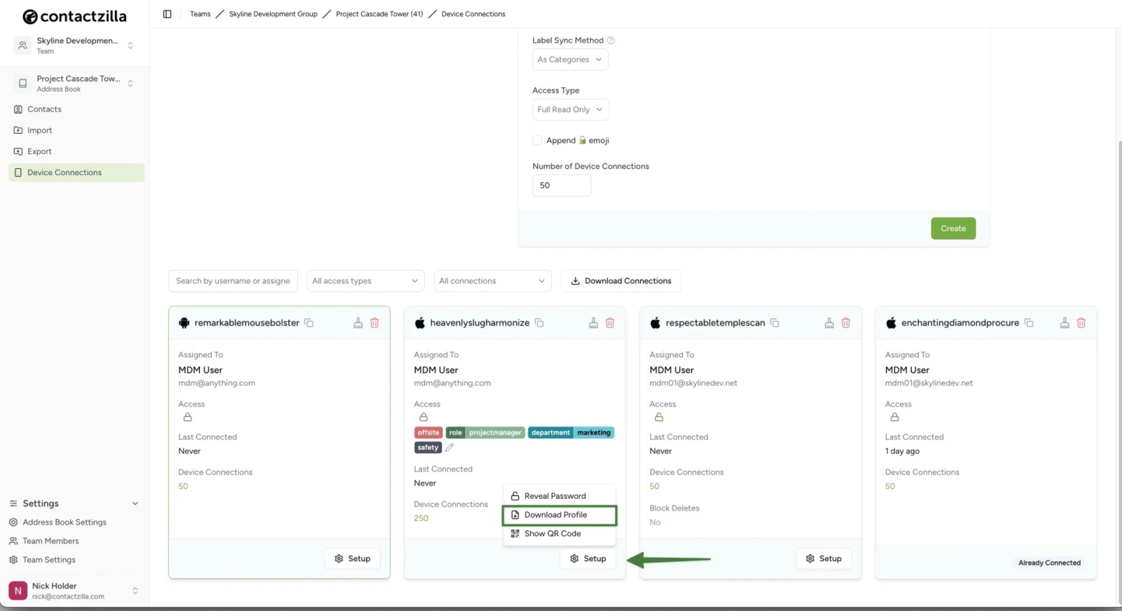 Download CardDAV mobile configuration profile from Contactzilla for MaaS360 contact deployment to iPhone