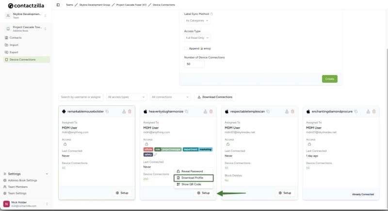 Download CardDAV mobile configuration profile from Contactzilla for MaaS360 contact deployment to iPhone