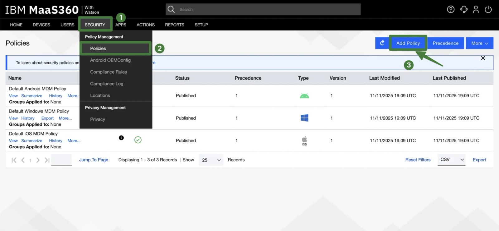  Adding a new iOS policy in IBM MaaS360 to deploy a Contactzilla CardDAV address book configuration profile.