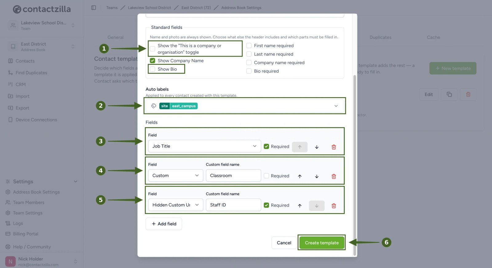 The School staff template in Contactzilla with Job Title, a Classroom custom field and a hidden Staff ID field, and Create template highlighted