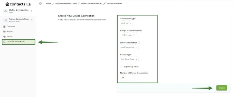 Contactzilla dashboard creating an Android CardDAV device connection—assign to MDM user, label sync as categories, full read-only.