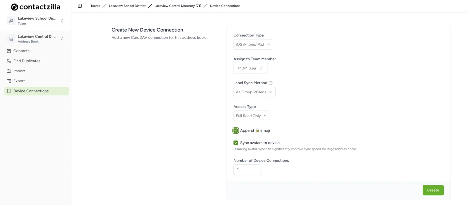 Contactzilla screen for creating an iOS CardDAV device connection before downloading the mobileconfig profile.