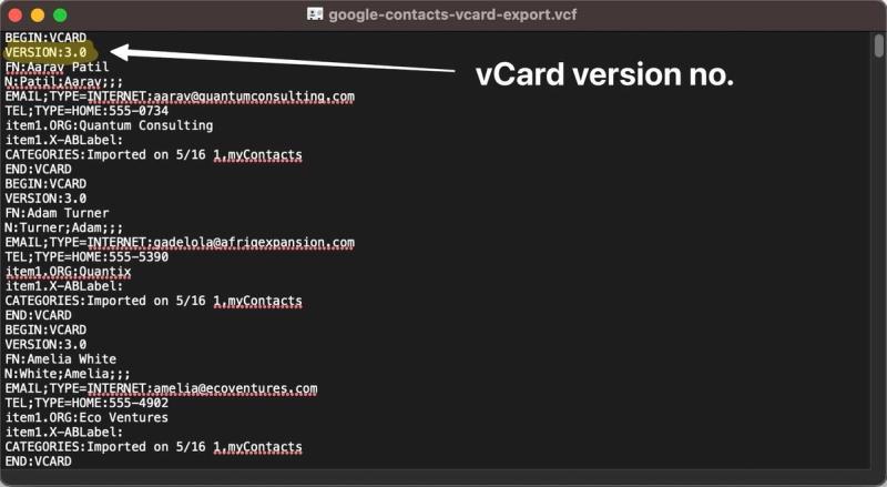 Checking the vCard version number in a text editor