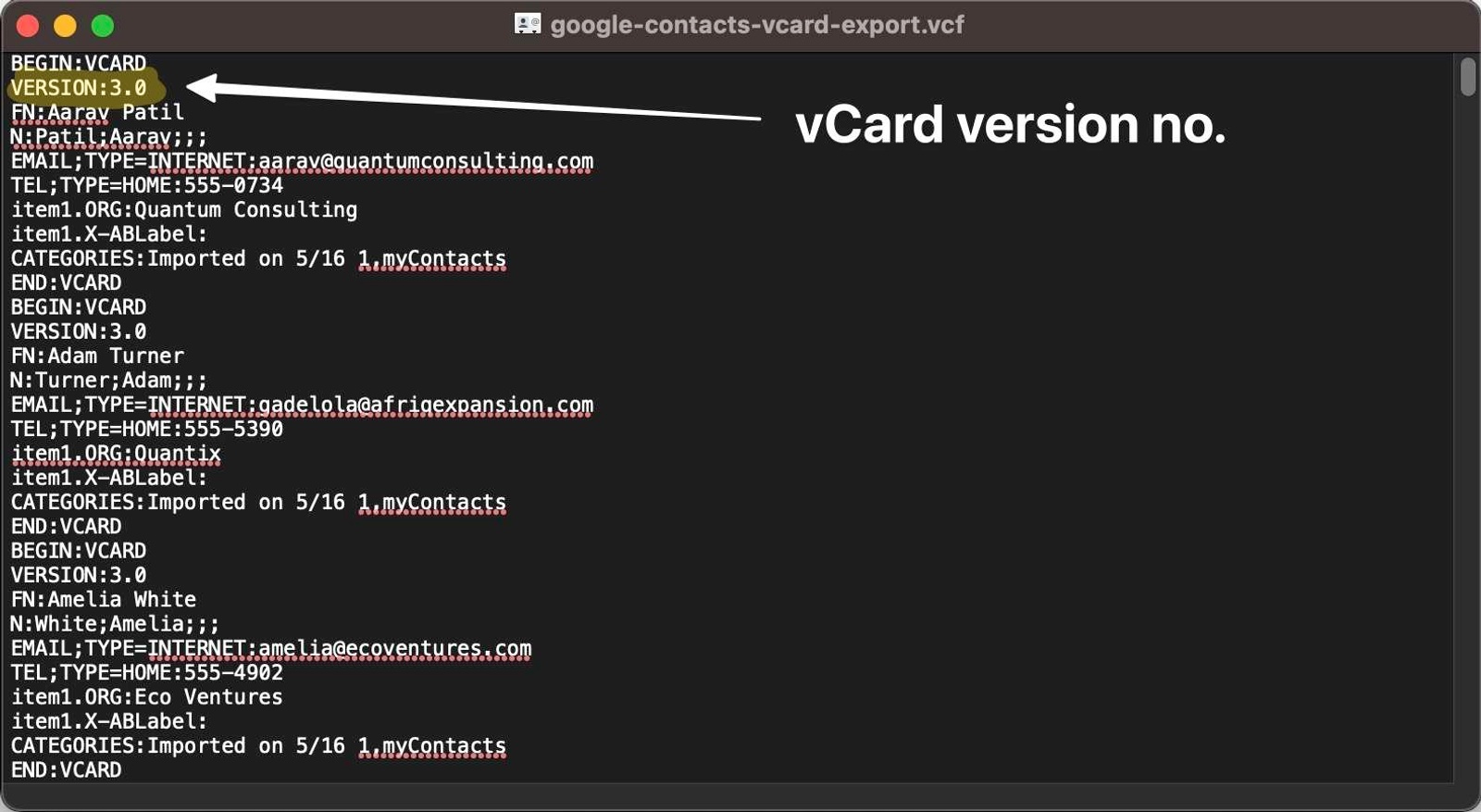 Checking the vCard version number in a text editor