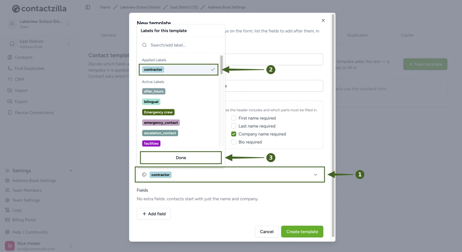 The Auto labels list open in a Contactzilla template, with the contractor label ticked and the Done button highlighted