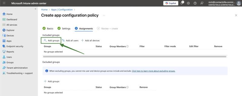 Assignments tab for the app configuration policy, showing ‘Add groups’ to include the Android BYOD device group for deployment.