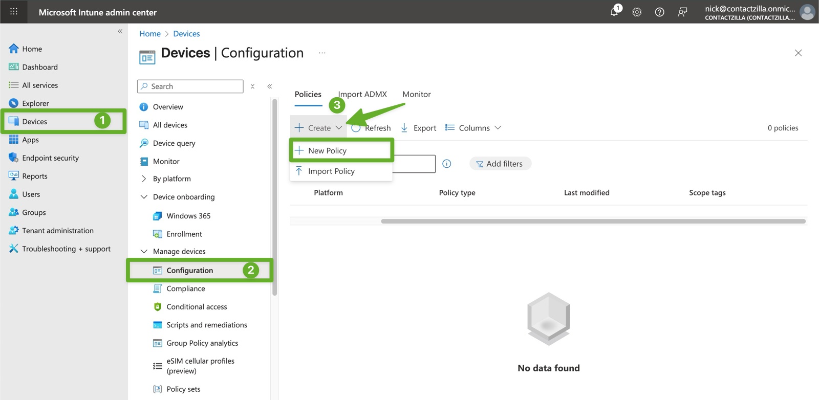 Microsoft Intune admin center showing how to create a new custom configuration profile under Devices > Configuration.