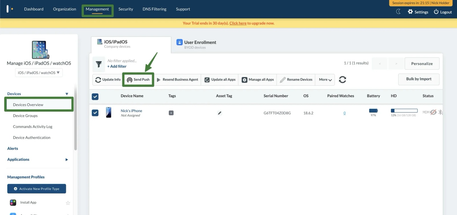 Send Push command in Mosyle Devices Overview to immediately deploy the Contactzilla profile to an enrolled iPhone.