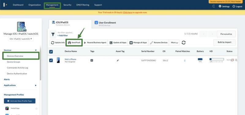 Send Push command in Mosyle Devices Overview to immediately deploy the Contactzilla profile to an enrolled iPhone.