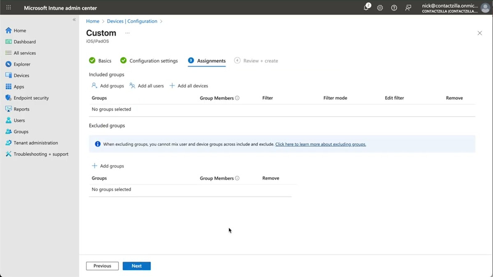 Microsoft Intune policy assignment screen with an iOS device group selected for inclusion