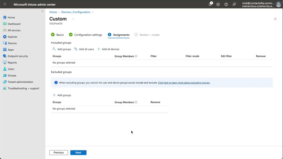 Microsoft Intune policy assignment screen with an iOS device group selected for inclusion