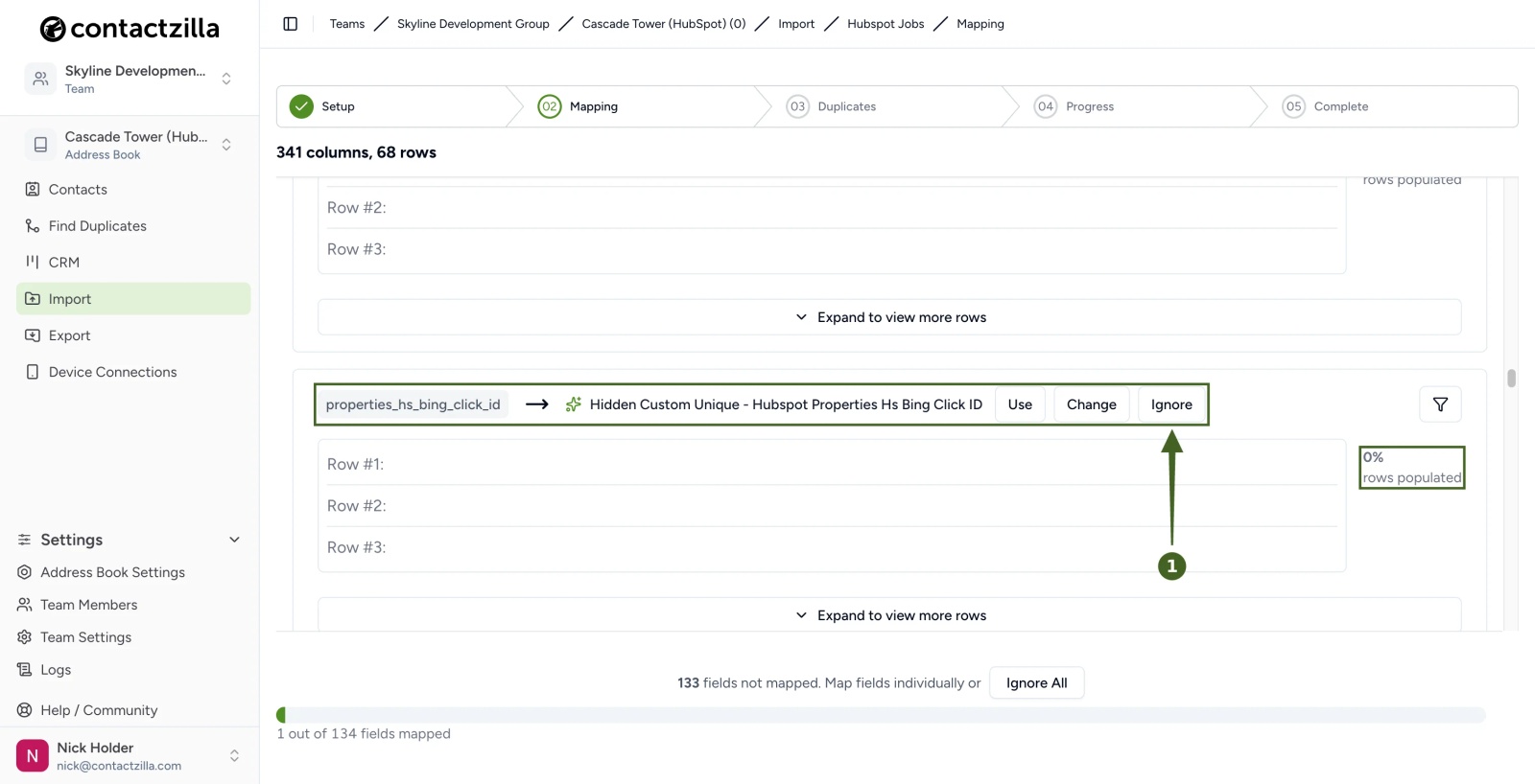 HubSpot Bing click ID column recommended as a hidden unique field with 0% rows populated and the Ignore button highlighted
