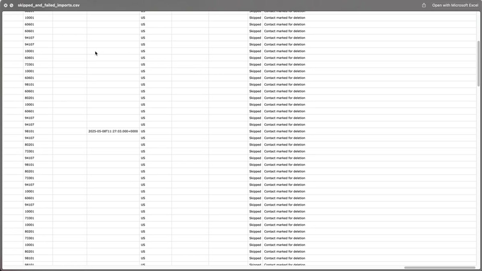 Import results summary showing 202 imported, 205 skipped, 10 replaced, and 2 failed contacts with a download CSV option