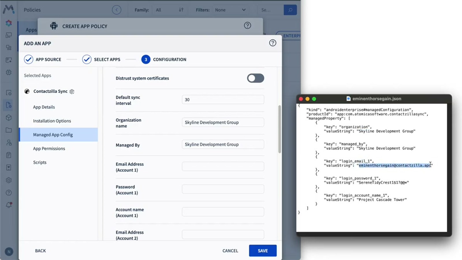 SOTI MobiControl app permissions configuration with the default permission policy set to Allow