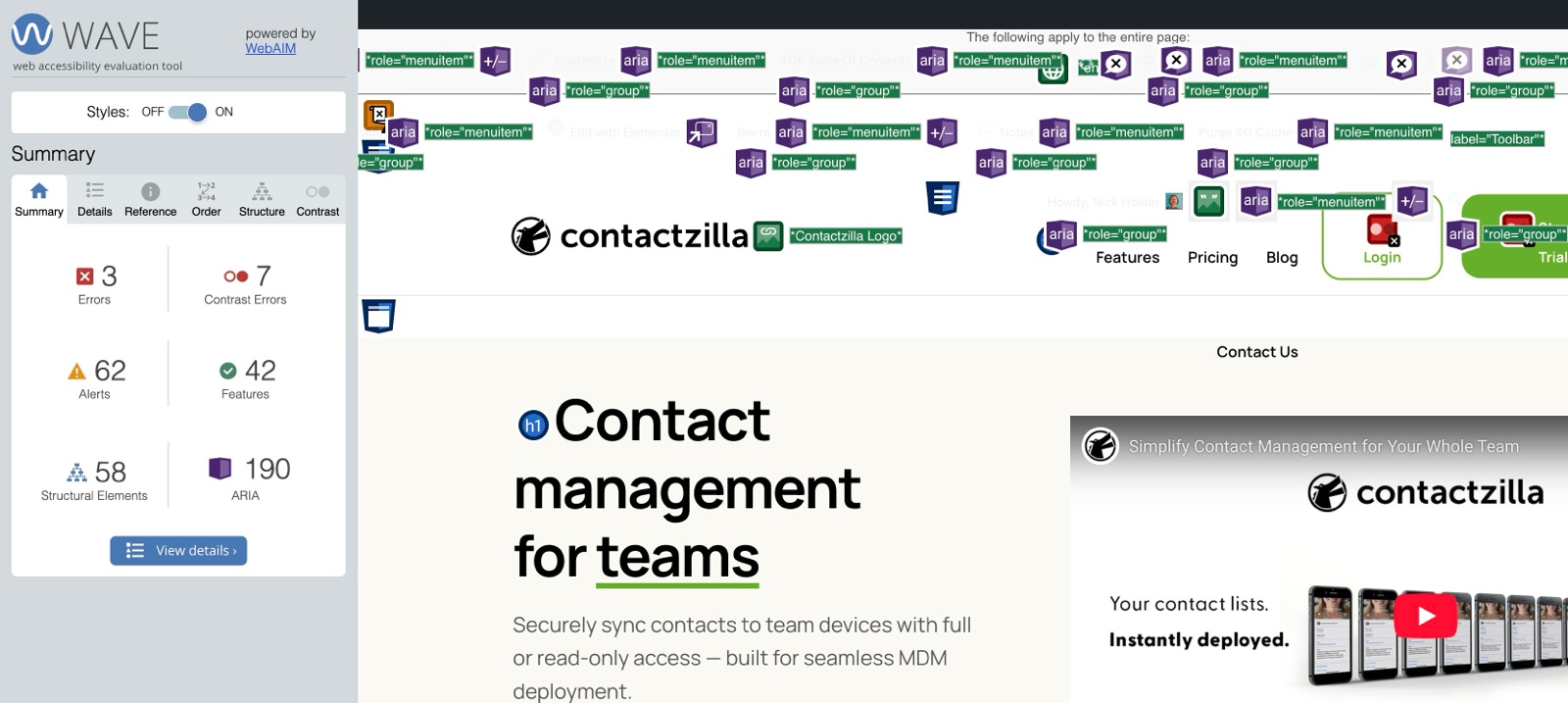 Screenshot of the WAVE accessibility tool dashboard showing a website with 3 errors, 7 contrast errors, and various ARIA and structural elements. The page header is filled with accessibility tooltips indicating ARIA roles, while the summary panel is visible on the left.