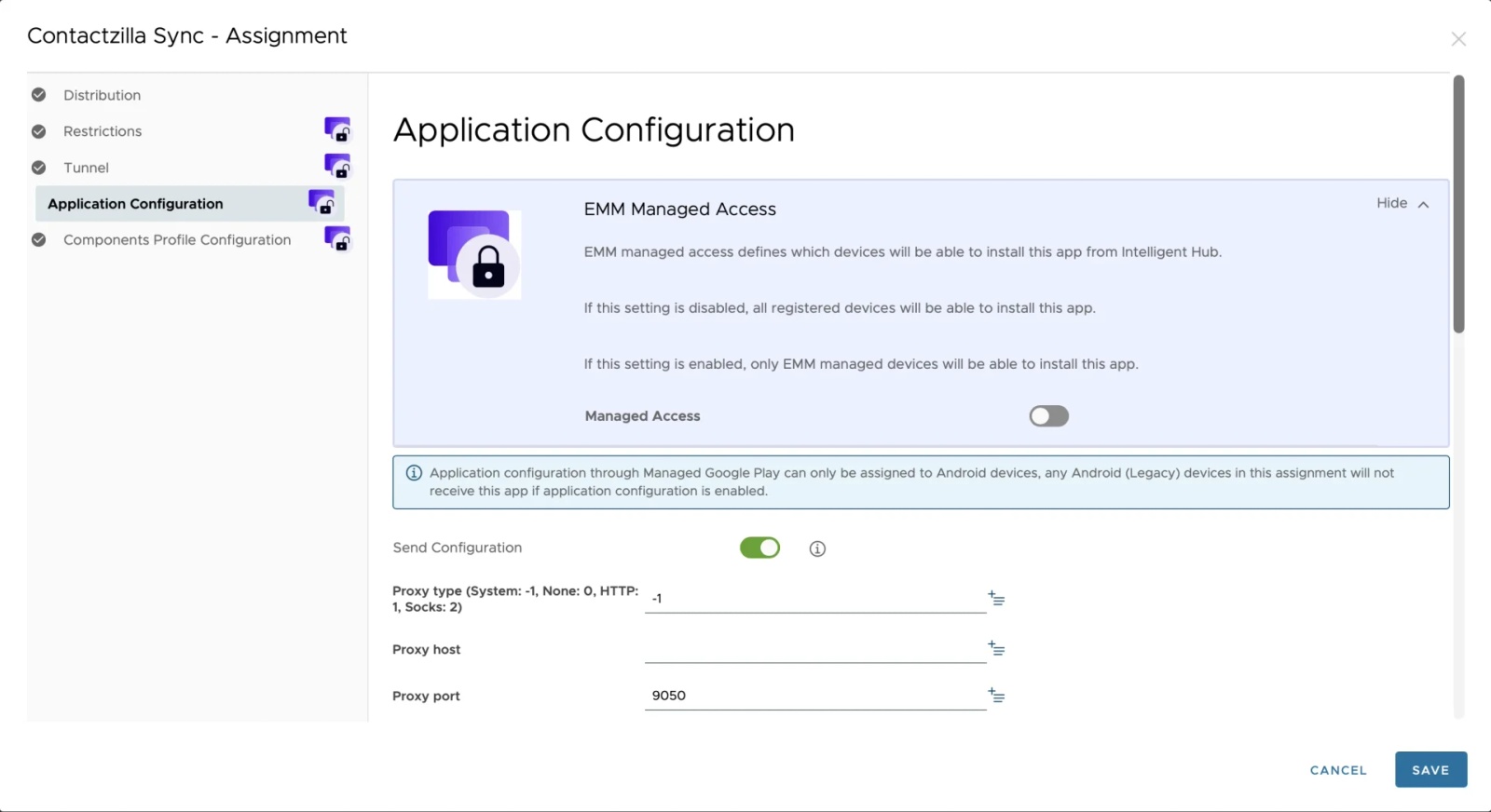 Workspace ONE Application Configuration enabled for the Contactzilla Sync Android app, showing proxy and sync options.