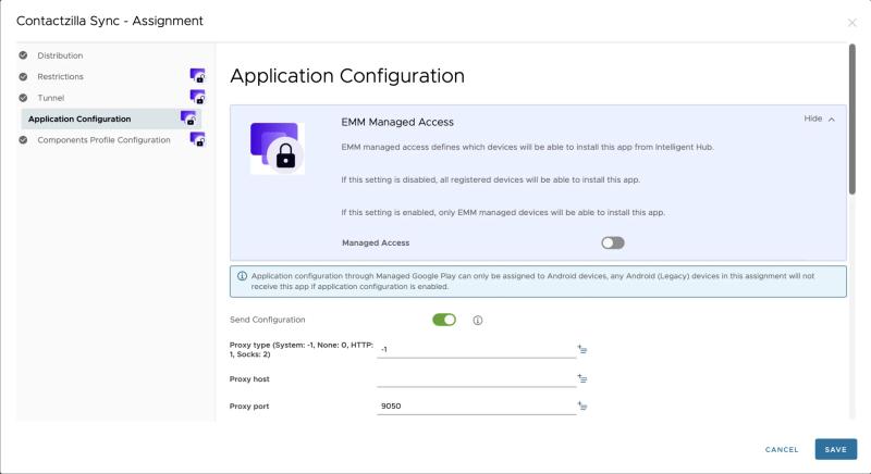 Workspace ONE Application Configuration enabled for the Contactzilla Sync Android app, showing proxy and sync options.