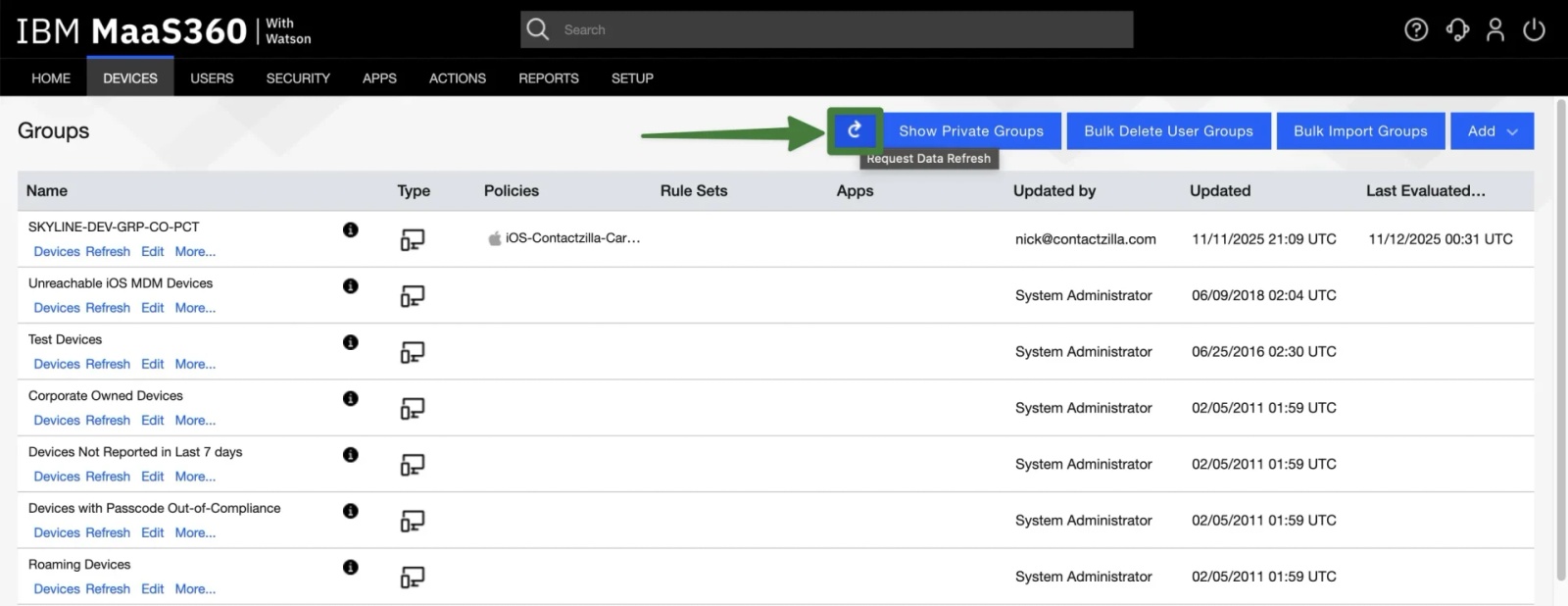 Requesting a full data refresh for device groups in IBM MaaS360 after assigning the Contactzilla CardDAV policy.