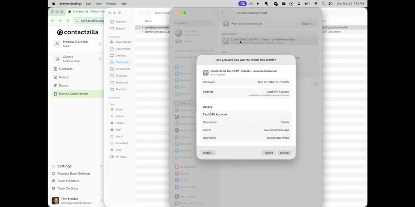 System Settings showing the pending profile waiting for installation