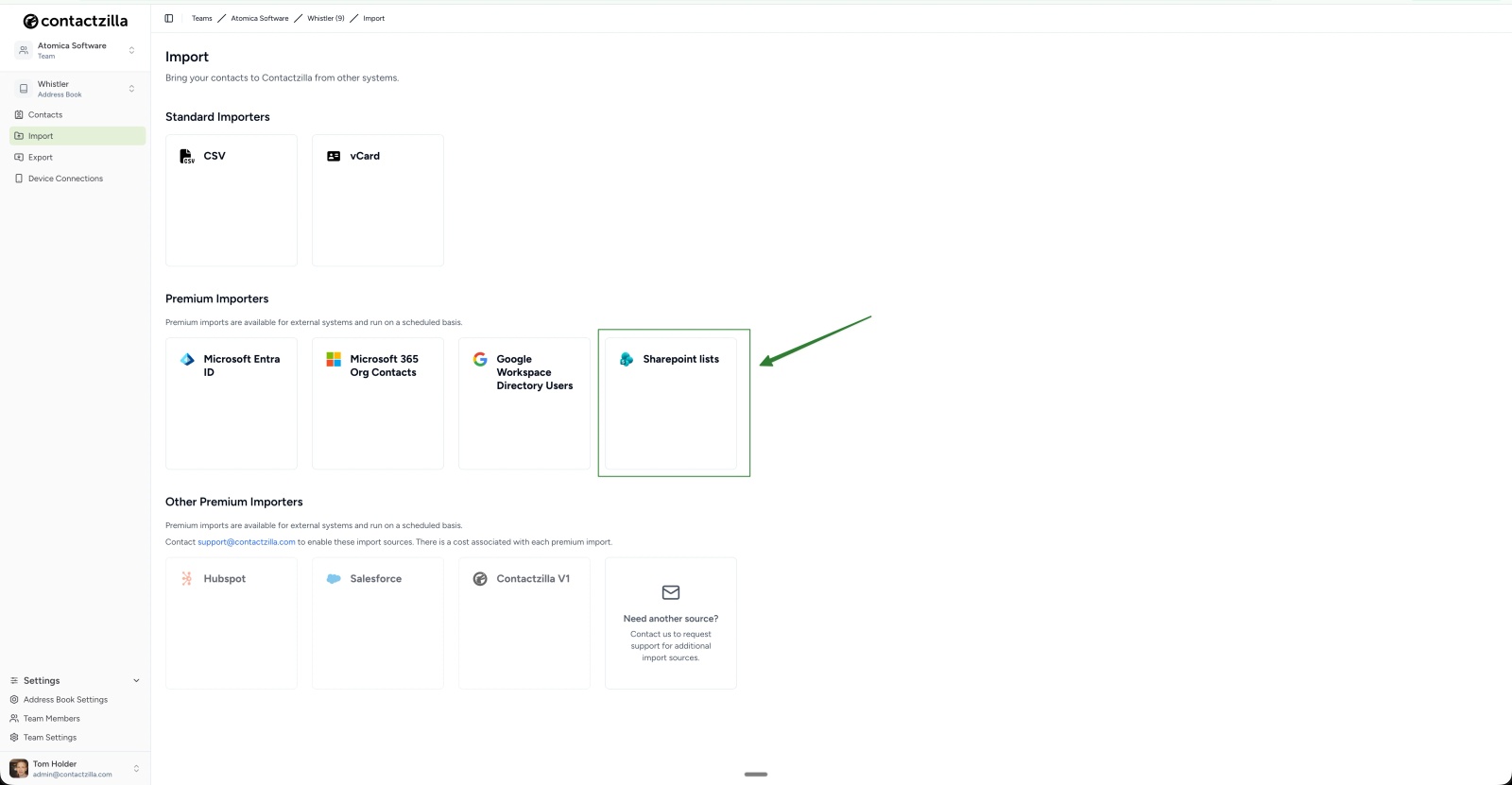 Contactzilla import screen showing SharePoint Lists selected as a data source for syncing contacts into the address book