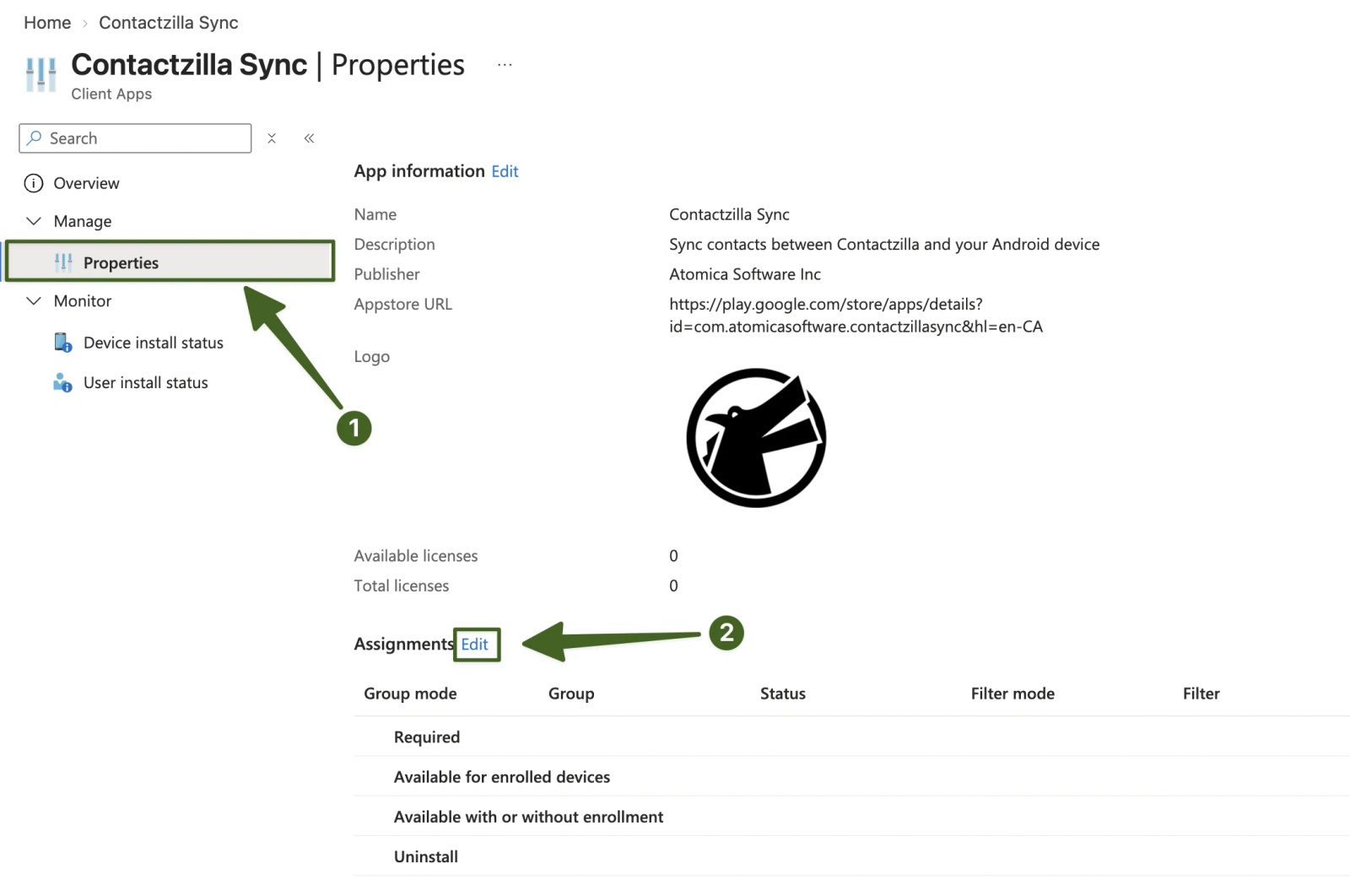 Intune Contactzilla Sync Properties page with Properties selected (arrow 1) and the Edit link beside Assignments highlighted (arrow 2)