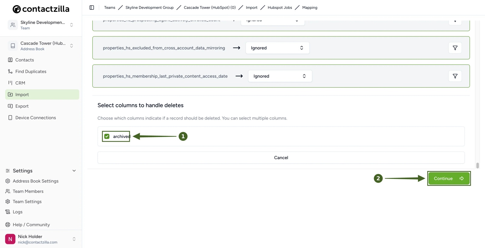 Contactzilla HubSpot mapping with remaining columns ignored, archived ticked to handle deletes and the Continue button highlighted