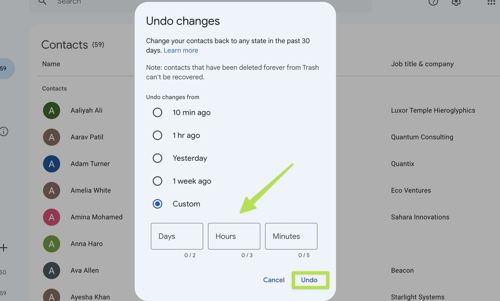 Screenshot showing where to find 'Restore Contacts' in iCloud.