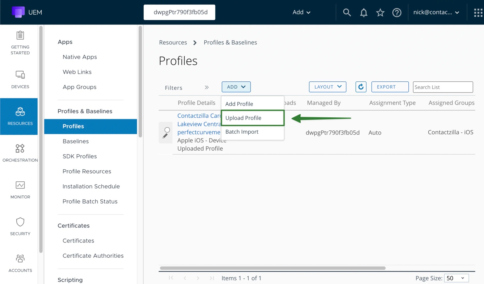 Workspace ONE UEM Profiles screen showing the Upload Profile option for a Contactzilla mobileconfig file.