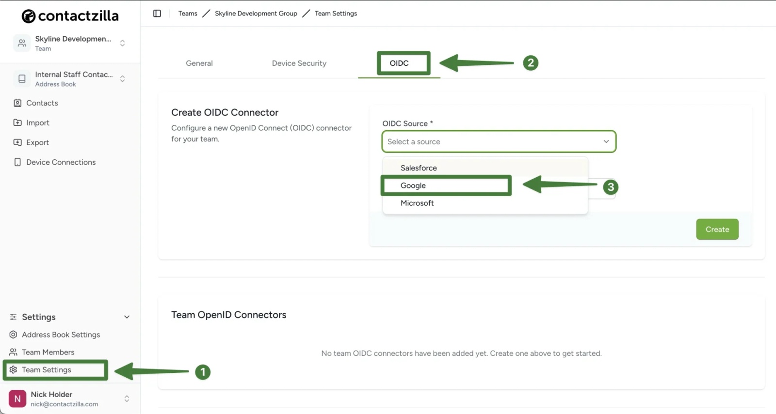 Contactzilla Team Settings screen showing how to open the OIDC tab and choose Google as the OIDC connector source.