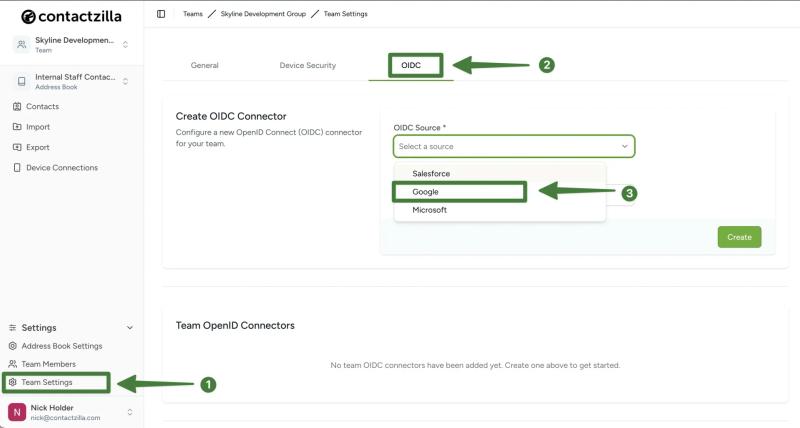 Contactzilla Team Settings screen showing how to open the OIDC tab and choose Google as the OIDC connector source.