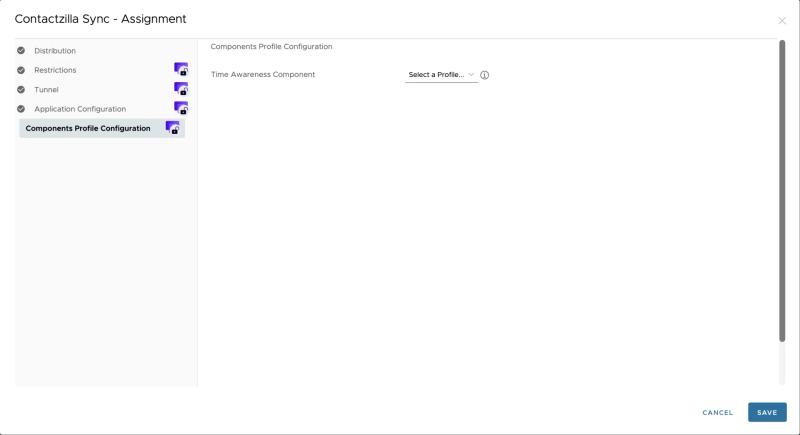 Workspace ONE Components Profile Configuration screen for the Contactzilla Sync Android app deployment.